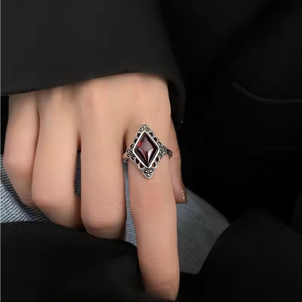 New Antique Vintage Silver and Red Gemstone Ring